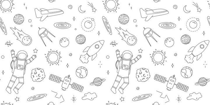 Seamless pattern with space line art. Doodle hand drawn illustrations, repeating childish backdrop