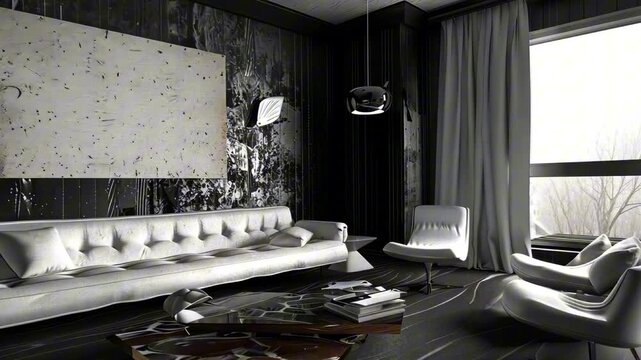 Contemporary monochrome living room with white leather sofa and abstract art in dramatic natural lighting. Concept of modern luxury and artistic expression