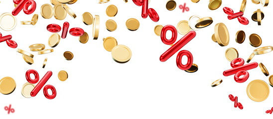 Red percentage signs and shiny gold coins are floating in 3D render. Vibrant discount theme ideal for sales and promotions. Header isolated on transparent background. Border, top element.