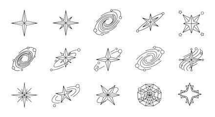 Diverse Collection of Celestial Exploration and Astronomical Symbols Line Art Icons for Cosmic Design Elements and Spiritual Themed Graphics