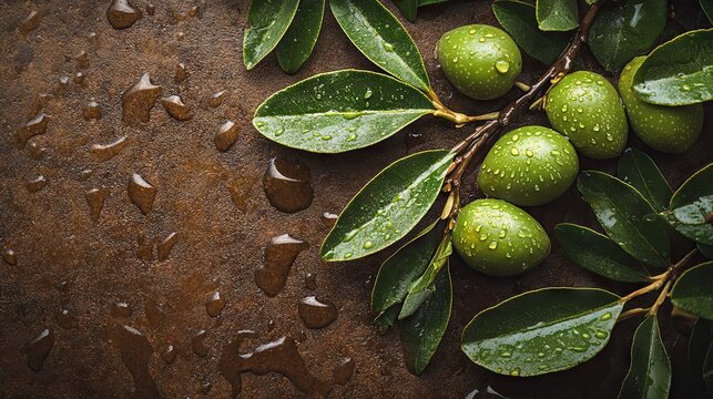 Fresh green olives with leaves and water droplets on a rustic brown textured surface