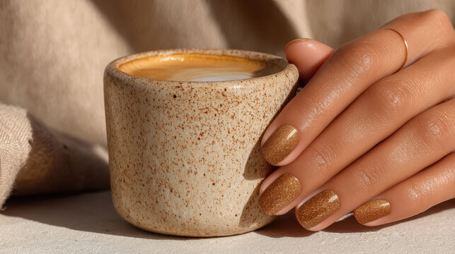 A woman holds a cup of coffee in her hand. The cup is white and has a brown rim. The woman's hands are visible, and they are holding the cup. Concept of relaxation and comfort