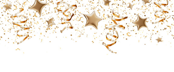 Bright and cheerful confetti stars and ribbons create a festive header perfect for celebrations. This isolated design adds excitement to invitations and party themes. Top element, border. 3D render.