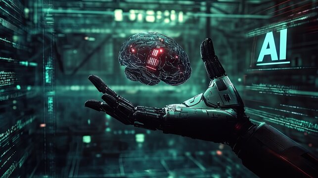 A robotic hand holding a glowing red holographic brain with "AI" text in a futuristic digital environment - Powered by Adobe