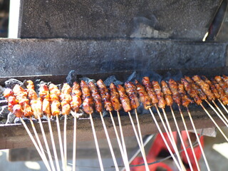 Indonesian satay skewers grilling over hot charcoal, with smoke rising. A classic Southeast Asian street food of seasoned, skewered meat being cooked to perfection.
