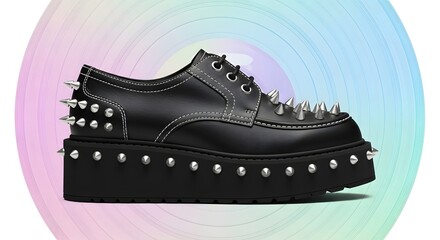 Edgy Black Platform Shoe with Silver Spikes on Pastel Vinyl Record Background