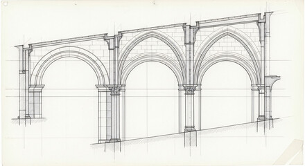 Architectural sketch of roman arches and vaults on tracing paper