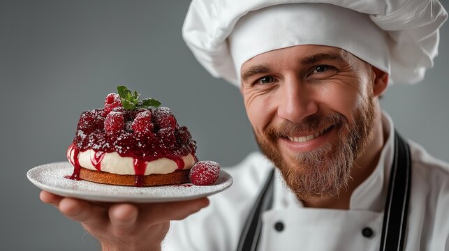 Chef proudly presents a delicious cake topped with berries and sauce, showcasing culinary skills in a well-lit kitchen setting