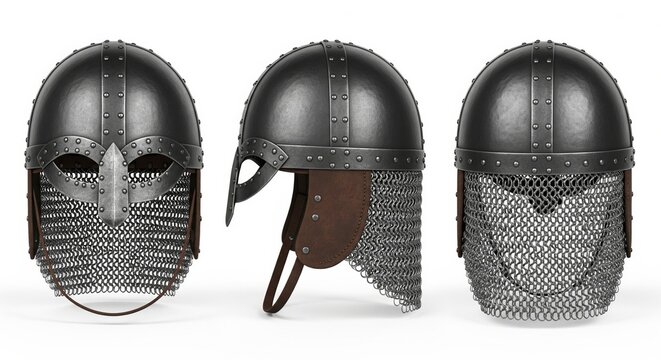 Medieval viking helmet with a chainmail aventail from three angles isolated on white background