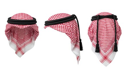 Set of traditional red and white arab keffiyeh headdress with agal isolated on white