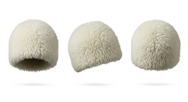 Traditional white papakha fur hat from the Caucasus set of three views isolated on white background