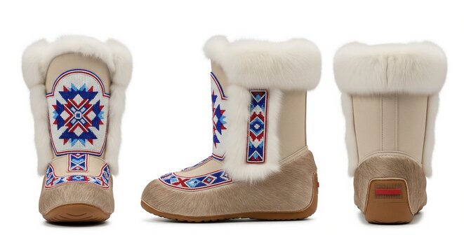 Traditional mukluk winter boots with fur and beadwork shown from three different views