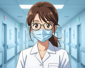 Medical nurse with protective face mask and glasses in anime style