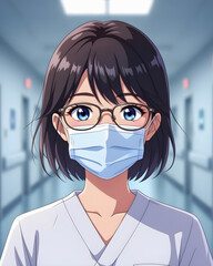 A young nurse wearing glasses and a protective mask in anime style