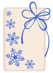 Rectangular gift box decorated with snowflakes and blue bow. Vector isolated gift for New Year's, Top view. Minimalistic paper packaging design for winter holidays and Christmas.