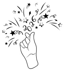 New Year's fireworks display featuring the numbers 2026 is launched from fingers folded into heart shape. Vector isolated black line drawing. Doodle New Year's composition with fireworks.