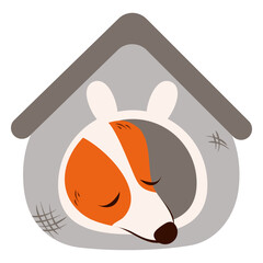 Red dog sleeps in gray, enclosed doghouse. Its cute white face is visible from the soft house. Simple flat vector illustration. Protection, care, and peace of mind for pets. Isolated color pet design.