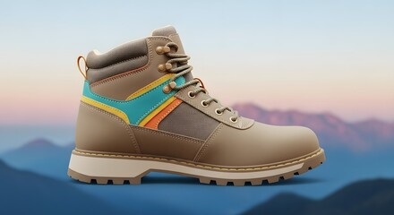 Stylish Hiking Boot with Colorful Accents on Mountain Landscape Background