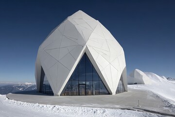 Modern Geometric Dome Building On Snowy Mountain