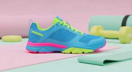 Vibrant Blue and Neon Green Running Shoe on Pastel Fitness Mat with Dumbbell