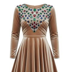 Elegant champagne colored long sleeve gown with intricate beading isolated on transparent background