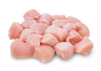 A pile of raw, freshly diced chicken breast chunks, uniform in size and pale pink, isolated on a neutral gray background.
