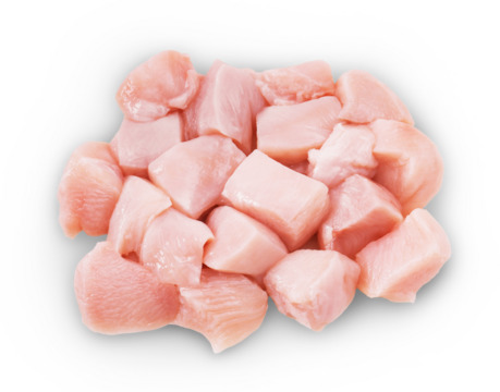 A neatly arranged pile of raw, diced chicken breast cubes, displaying a light pink hue, placed on a smooth gray background.