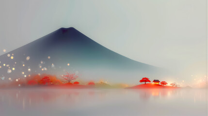 幻想的な光と霧に包まれた日本の山と湖畔の紅葉