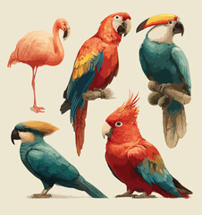 Vibrant Parrots Exotic Art Illustration.