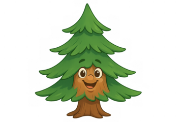 Cute smiling anthropomorphic cartoon pine tree character on transparent background portraying nature and forest growth