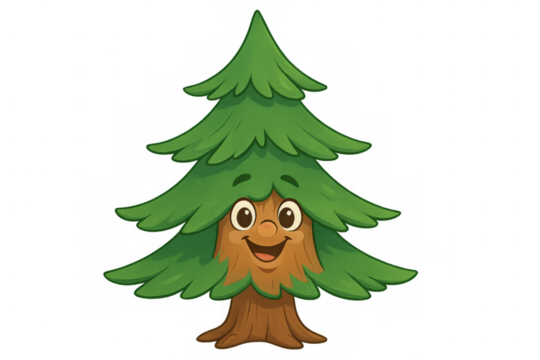 Cute smiling anthropomorphic cartoon pine tree character on transparent background portraying nature and forest growth