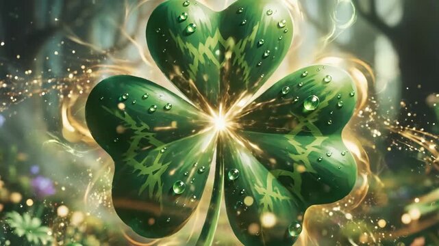Close up of a three leaf clover with a glowing golden aura in a natural setting