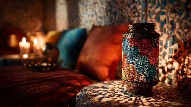 Ornate lantern casting colorful shadows in a dimly lit room with pillows and candles in the background - Powered by Adobe