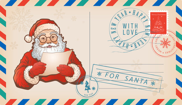 Retro Christmas envelope with vintage letter for Santo Kraus. Festive holiday greeting card vector illustration, isolated on white background for seasonal design and decoration