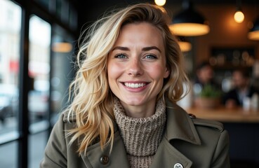Obraz premium A woman with blonde hair smiling warmly in a cozy indoor setting with warm lighting