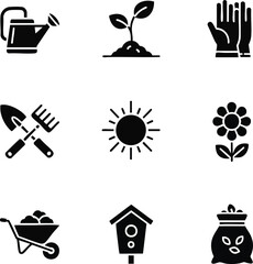 A collection of black and white flat icons representing various gardening elements and activities
