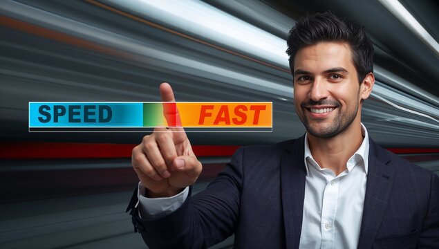 Smiling businessman activates fast speed button on digital interface for enhanced performance and streamlined solutions in tech-driven business growth - Powered by Adobe