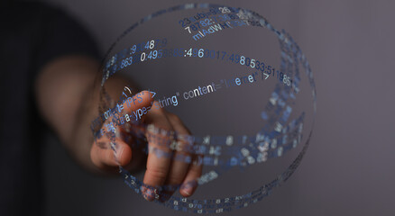 A hand interacting with a digital data globe, representing global data processing, information technology and connection. Illustrativ