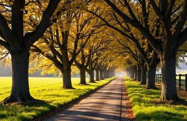 A scenic tree-lined pathway during autumn with golden leaves and vibrant green grass