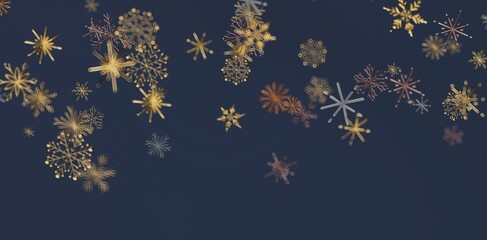 Elegant abstract winter snowflakes in gold and silver colors falling on a deep blue background for Christmas or winter holiday design