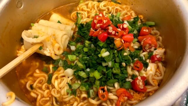 Ramen soup with odeng, chilli, noodles, seaweed and leek on wok. Asian food

