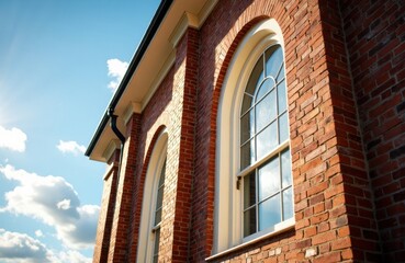 Obraz premium Bright brick building with large arched windows under a blue sky with clouds