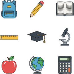 A collection of colorful flat design icons for school and education. This set includes a backpack, book, pencil, globe, and graduation cap