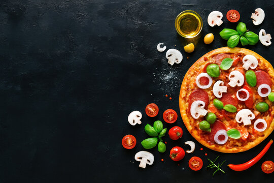 Delicious pizza with fresh ingredients on a dark background, top view
