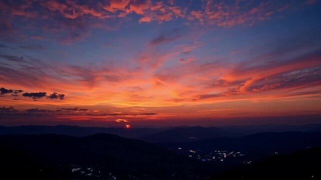 Vibrant fiery sunset paints dramatic clouds over serene silhouetted mountain ranges a breathtaking natural spectacle