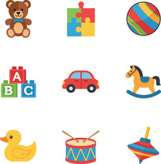 A collection of colorful, flat-design icons representing children's toys, including a teddy bear, puzzle, ball, blocks, car, rocking horse, rubber duck, drum, and spinning top
