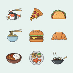 A collection of diverse food icons in a flat design style, featuring sushi, pizza, tacos, burgers, noodles, and more
