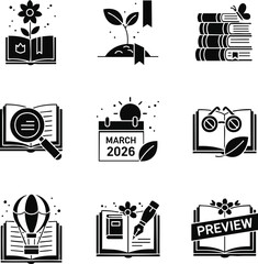 A collection of conceptual black and white glyph icons representing various aspects of books, reading, learning, and growth