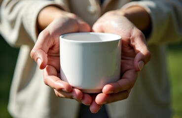 Woman holding a plain white ceramic mug with both hands outdoors in natural sunlight