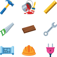 A collection of DIY and construction icons including a hammer, paint bucket, brush, ruler, saw, wood, wrench, blueprint, hard hat, and plug